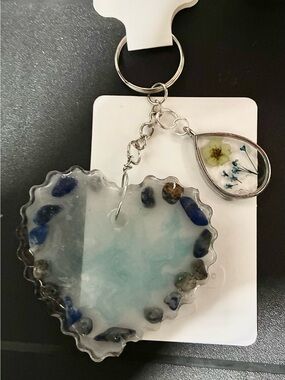 Resin Heart Keychain with Blue Stones and Floral Teardrop Charm